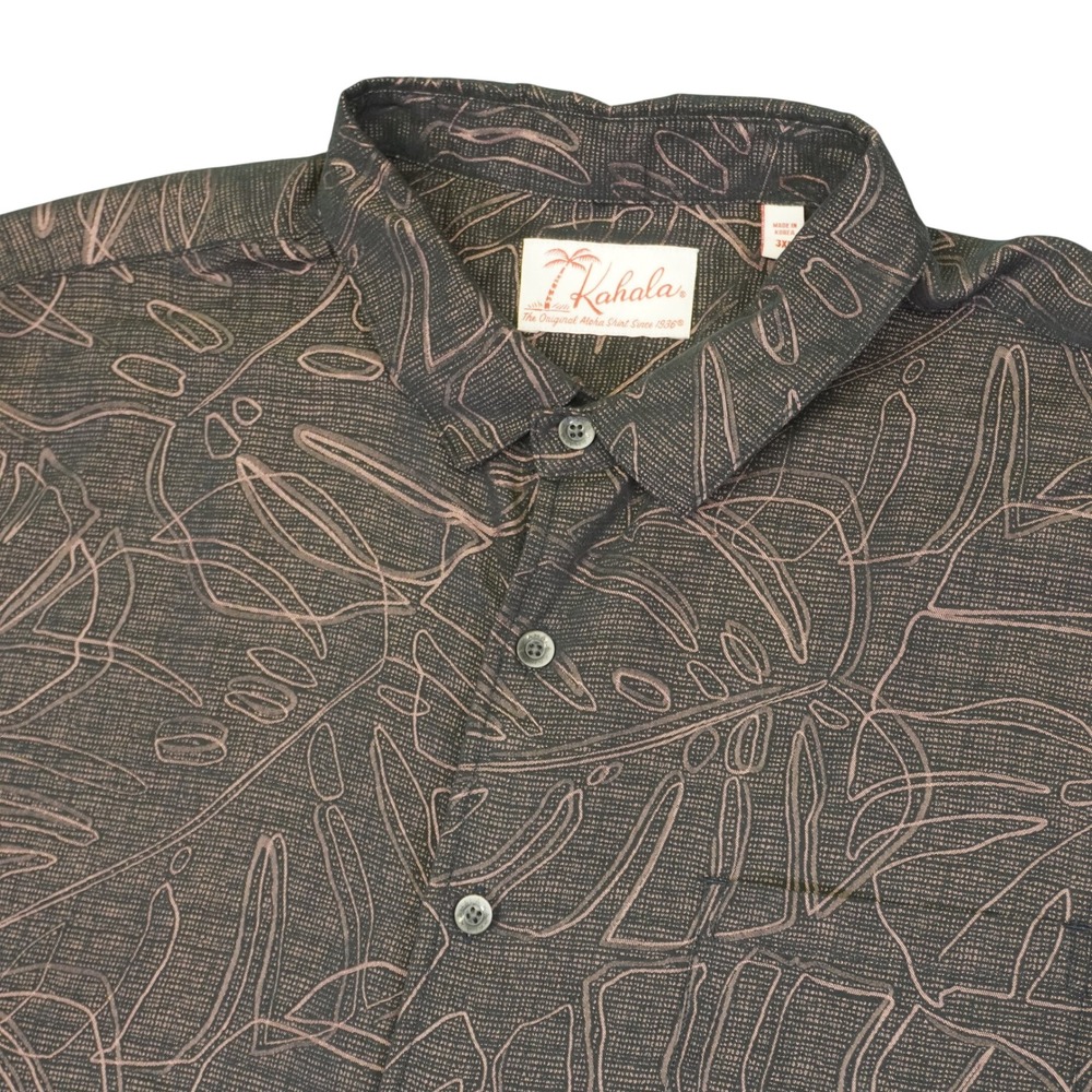 Kahala Hawaiian Button Down Shirt Men 3XL Brown Monstera Leaf Print Short Sleeve